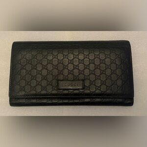 GUCCI MICROGUCCISSIMA GG CONTINENTAL BLACK EMBOSSED LEATHER LONG WALLET W/COA